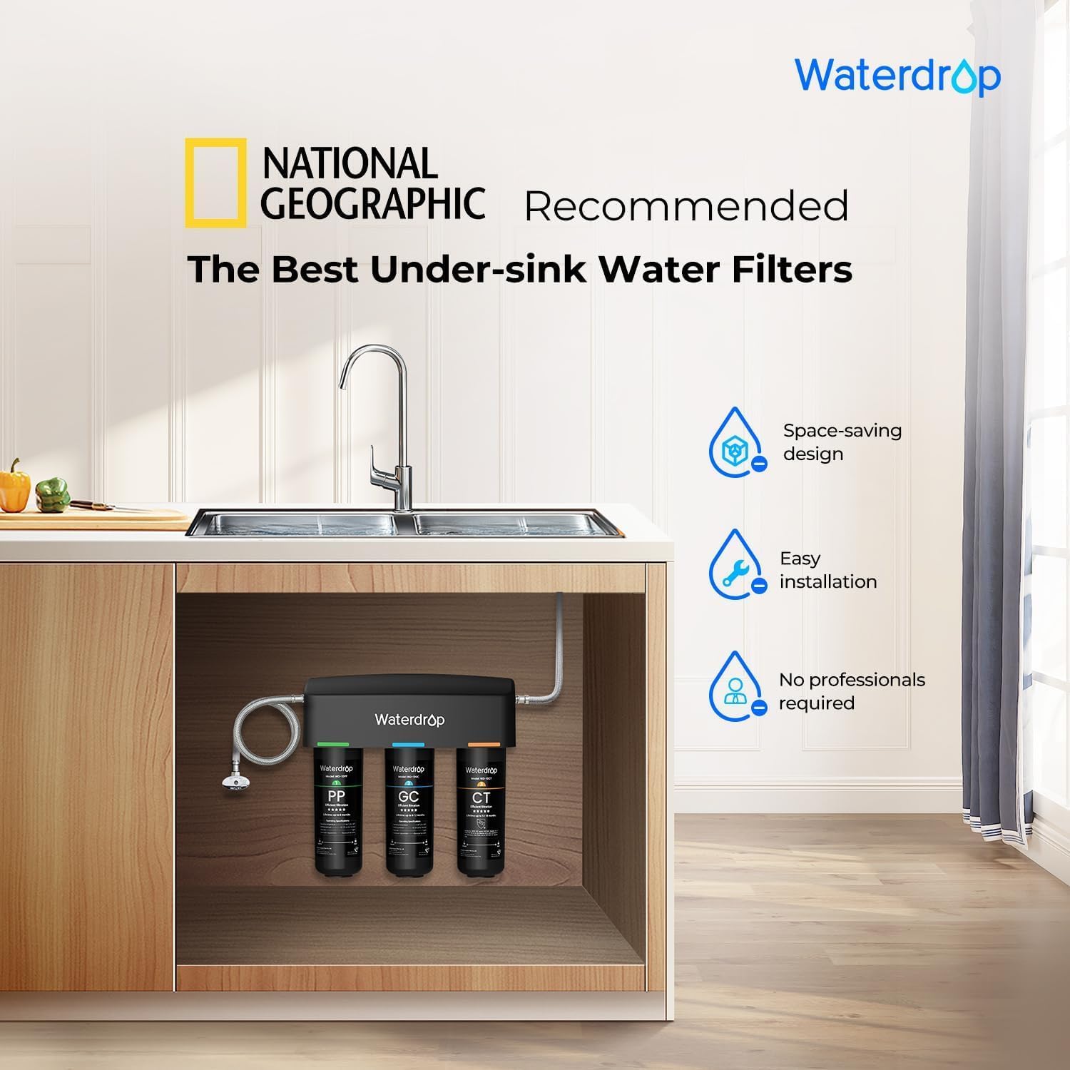 Waterdrop TSA 8 Layer Under Sink Water Filter System, Under Sink Water Filtration System, Reduces PFAS, PFOA/PFOS, Fluoride, Chlorine, Bad Taste & Odor, NSF/ANSI 42 Certified Element, USA Tech