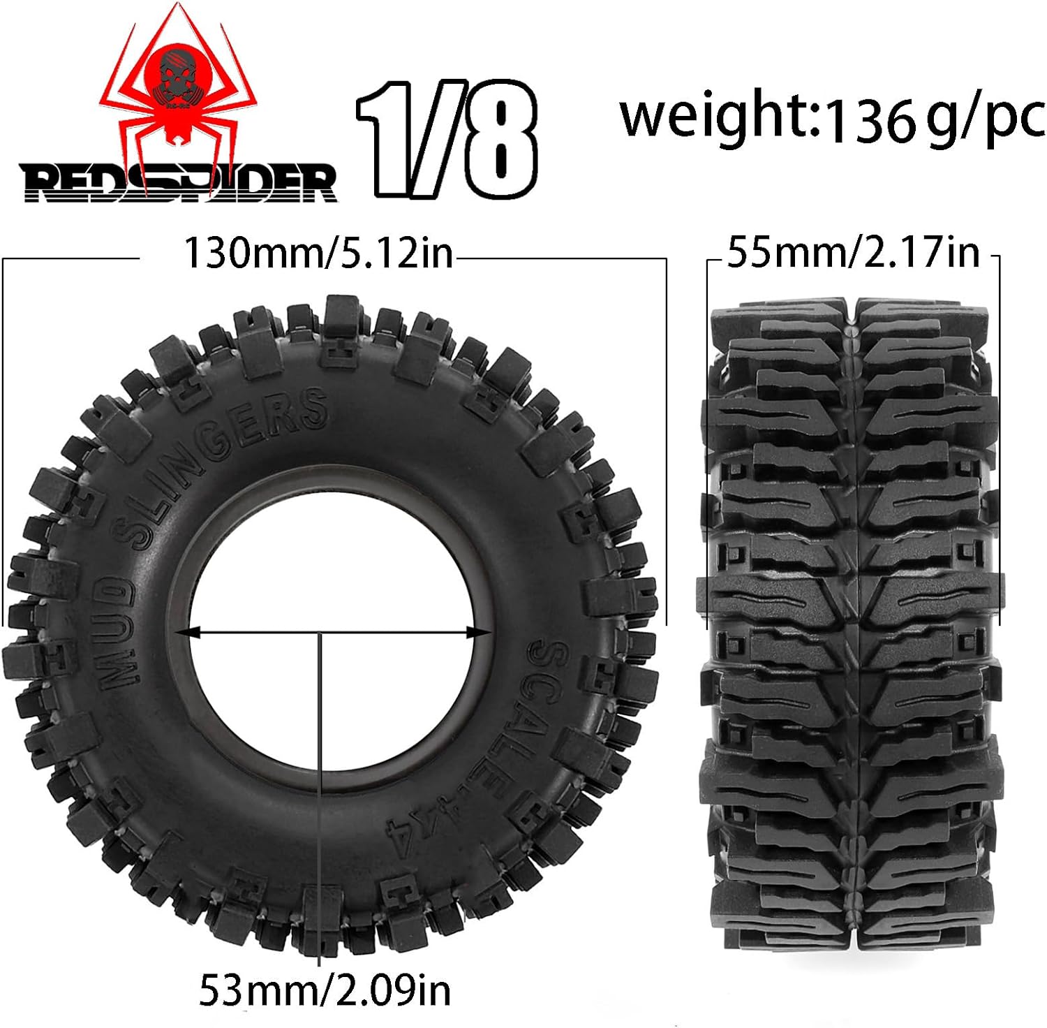 REDSPIDER•Rubber 2.2'' Crawler Tires(4pcs) Mud Terrain 2.2 Tires Super Grip Soft Tyre OD 130 * 55mm Compatible with Axial SCX10 90047 D90 TF2 Tamiya CC01 Traxxas TRX4
