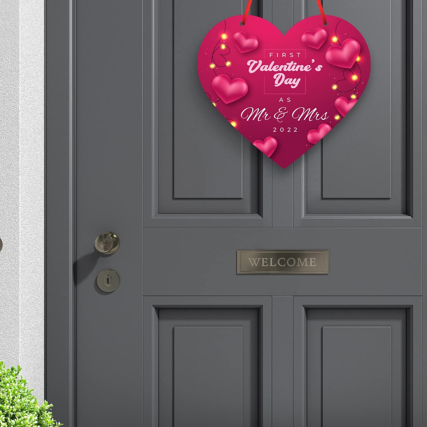Valentines Day Decoration First Valentine's Day As Mr and Mrs 2021 Lights Pink Background, 15 Inch Aluminum Heart Shaped Door Sign with Red Satin Ribbon by Soul Décor