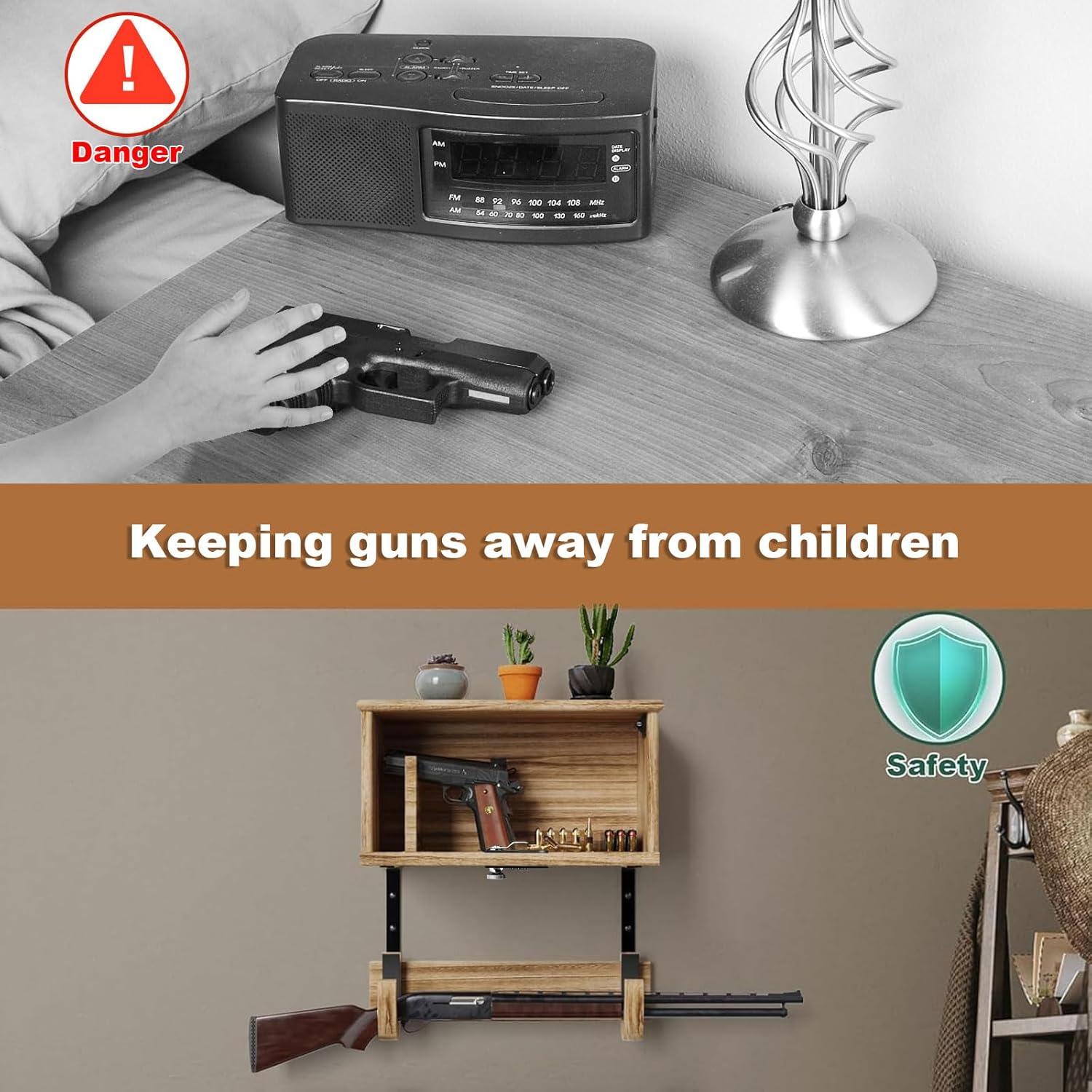 Wooden Wall Mount Gun Rack with Lock, 2-in-1 Horizontal Display for Rifle, Shotgun and Dual Pistols, Secure Firearms Storage Hanger