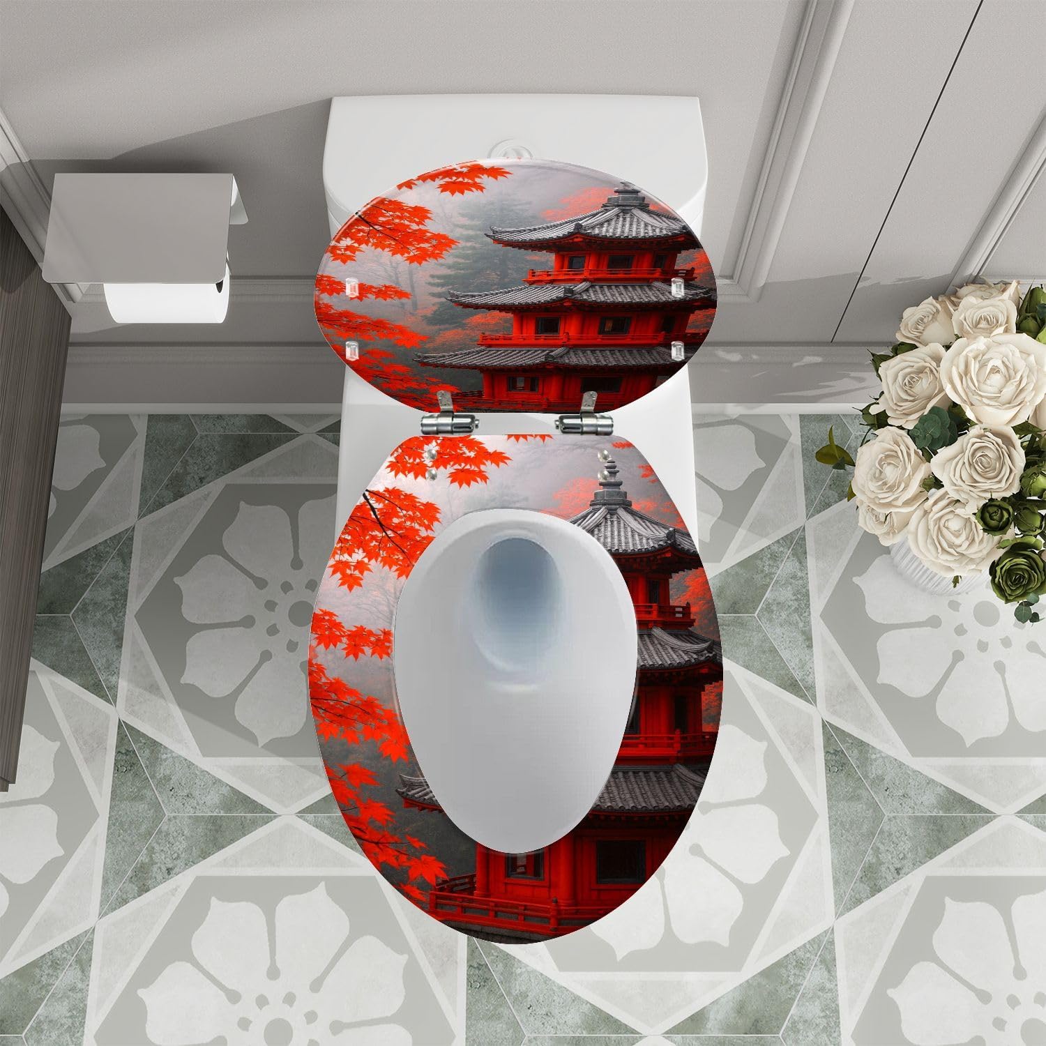 Elongated Decorative Resin Toilet Seat Quiet Close Quick Release Hinges Cover Bumpers Black White Pop Red Japanese Fall Temple Pagoda Maple Easy Install Clean