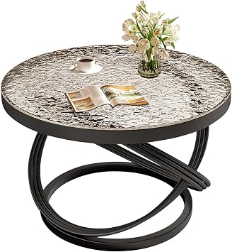 Round Coffee Table with Tempered Glass & Metal Frame, Modern Small Cocktail Table Minimalist Creative Center Table for Living Room, Bedroom, Balcony70cm/27.5", Black A