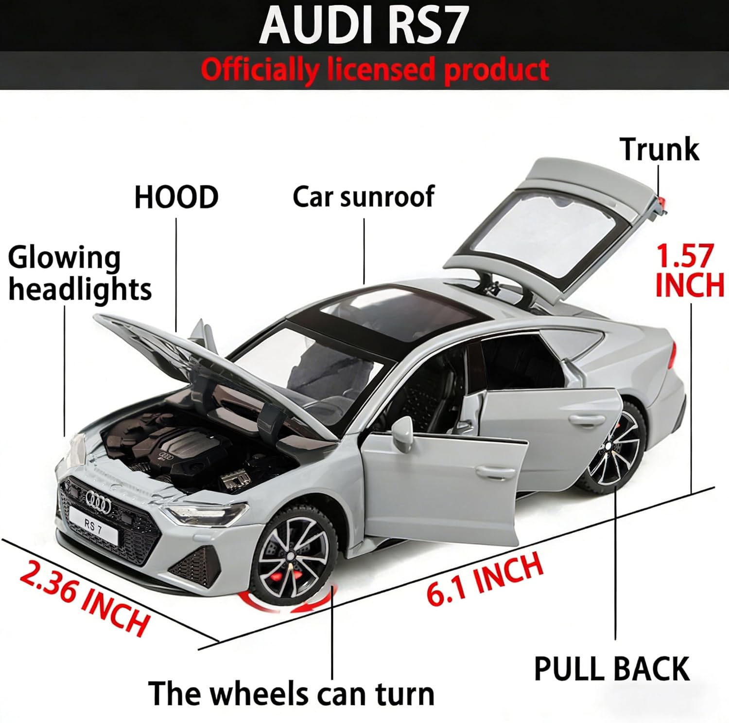 HAOCHI Model Toy car 1/32 Audi RS7 Sportback Performance Metal Model Car Pull Back Car Toys with Light and Sound Toys Car Collectible Model for Boy (Gray)
