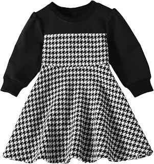 Toddler Girl's Houndstooth Long Sleeve A Line Swing Cute Knee Length Dress