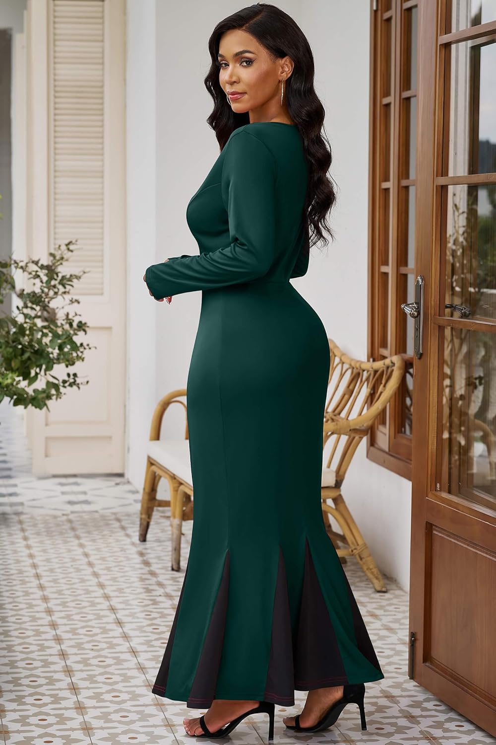 Nmoder Women's Maxi Dress, Long Formal Mermaid Long Sleeve A-line Party Bodycon Crew Neck Hollow Dresses - Image 4