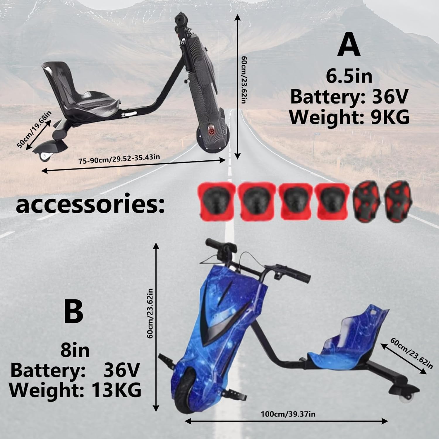 Electric Drift Trike for Kids, Adjustable Seat Big Wheel Drifting Go Cart, Tricycle 3-Wheel Scooter Drift Cart, Drift Kart for Riders Up to 100kg 6.5IN-G