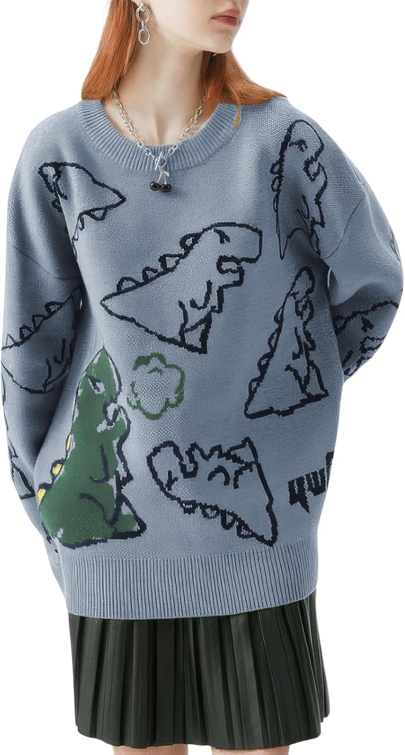Women's Dinosaur Graphic Sweaters Cartoon Kwaii Knit Crewneck Long Sleeve Oversized Pullover Jumpers