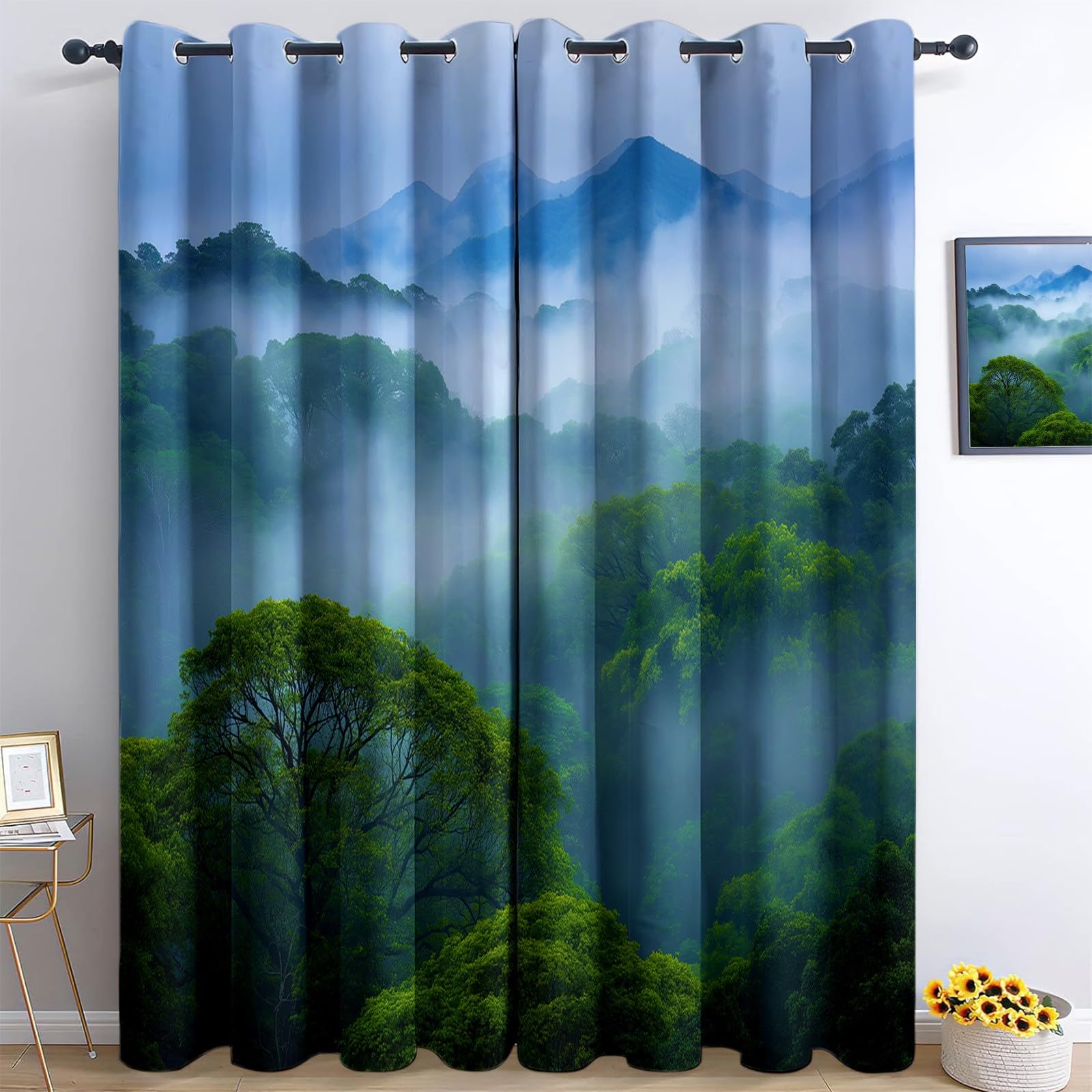 Zestaw 2 zasłon zaciemniających 110 x 215 cm (szer. x wys.), naturalne chmury lasu tropikalnego do wnętrz z oczkami zaciemniające, dekoracja do salonu, sypialni, okna, zestaw 2 sztuk