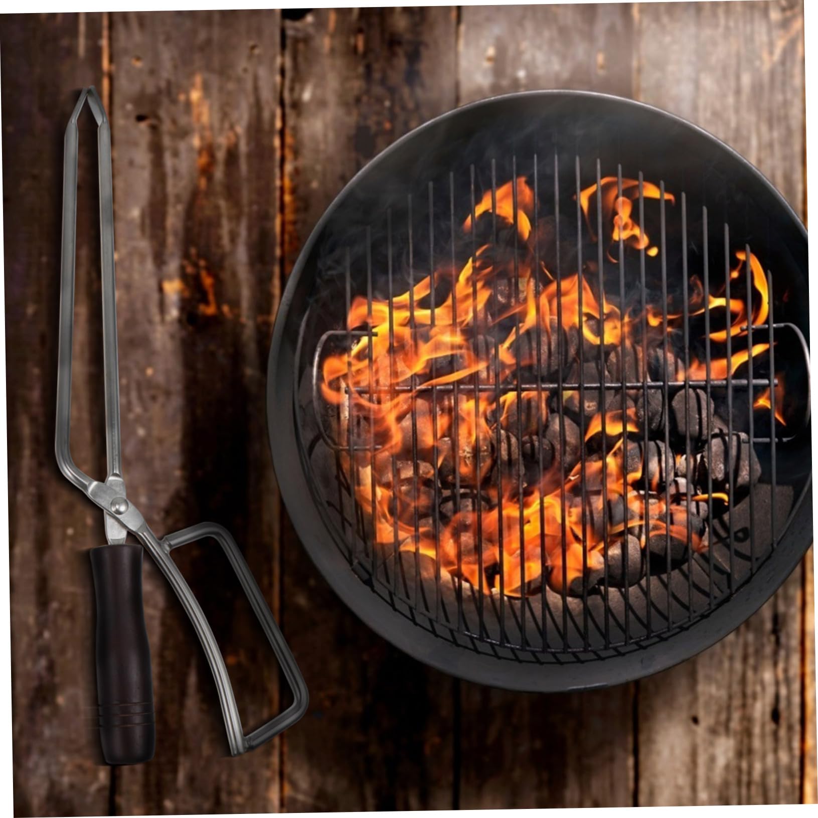 Pinza de Carbón Alargada de Acero Inoxidable Mango de Madera | Barbacoa, Pinzas para Barbacoa, Celebracion Verano, Uso Exterior y Hogar