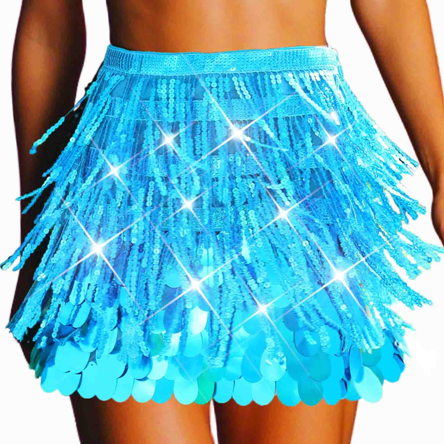 Fashband Paillettenrock, glitzernder Bauchtanz-Hüftschal, Fransenrock für Damen (Blau)