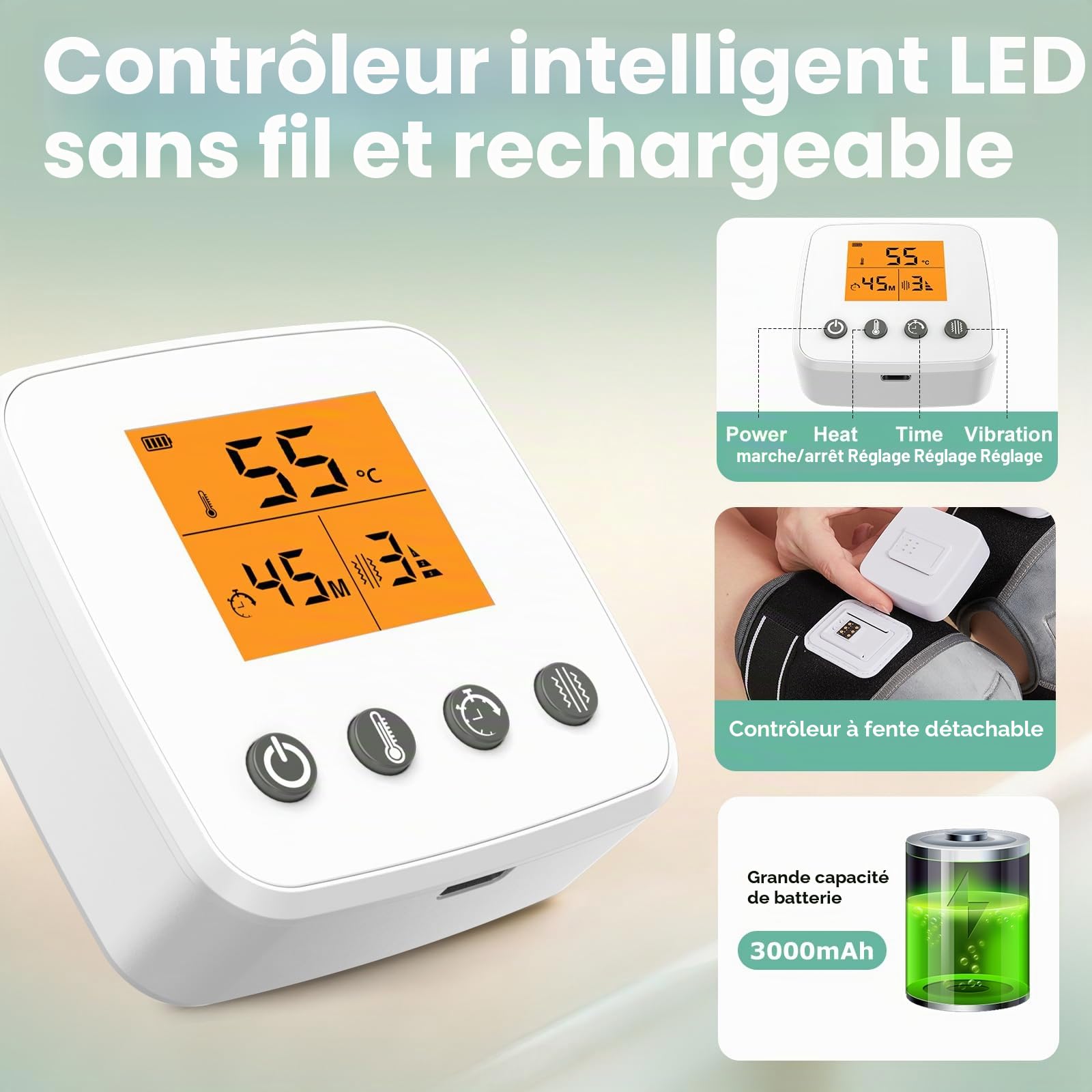 JOBYNA Électrique Coussin Chauffant Pieds, Chauffage Rapide 5 Secondes, Contrôle Température Minuterie, Sans Fil Massage Vibration