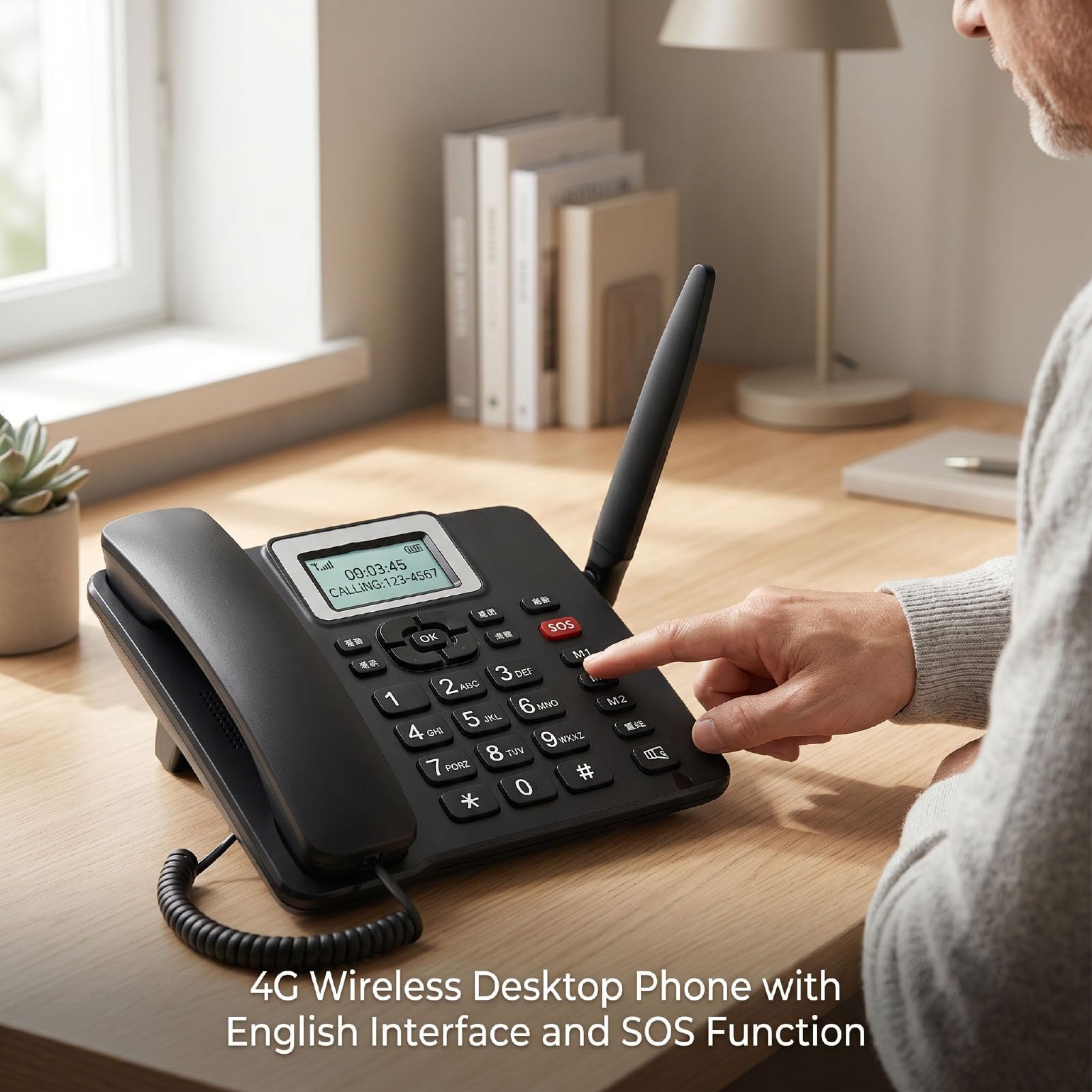 PUSOKEI Telefono Fisso Cordless GSM 4G con Scheda SIM, Telefono da Tavolo Classico GSM Wireless con Emergenza SOS, Facile da Usare per Lavoro o Famiglia