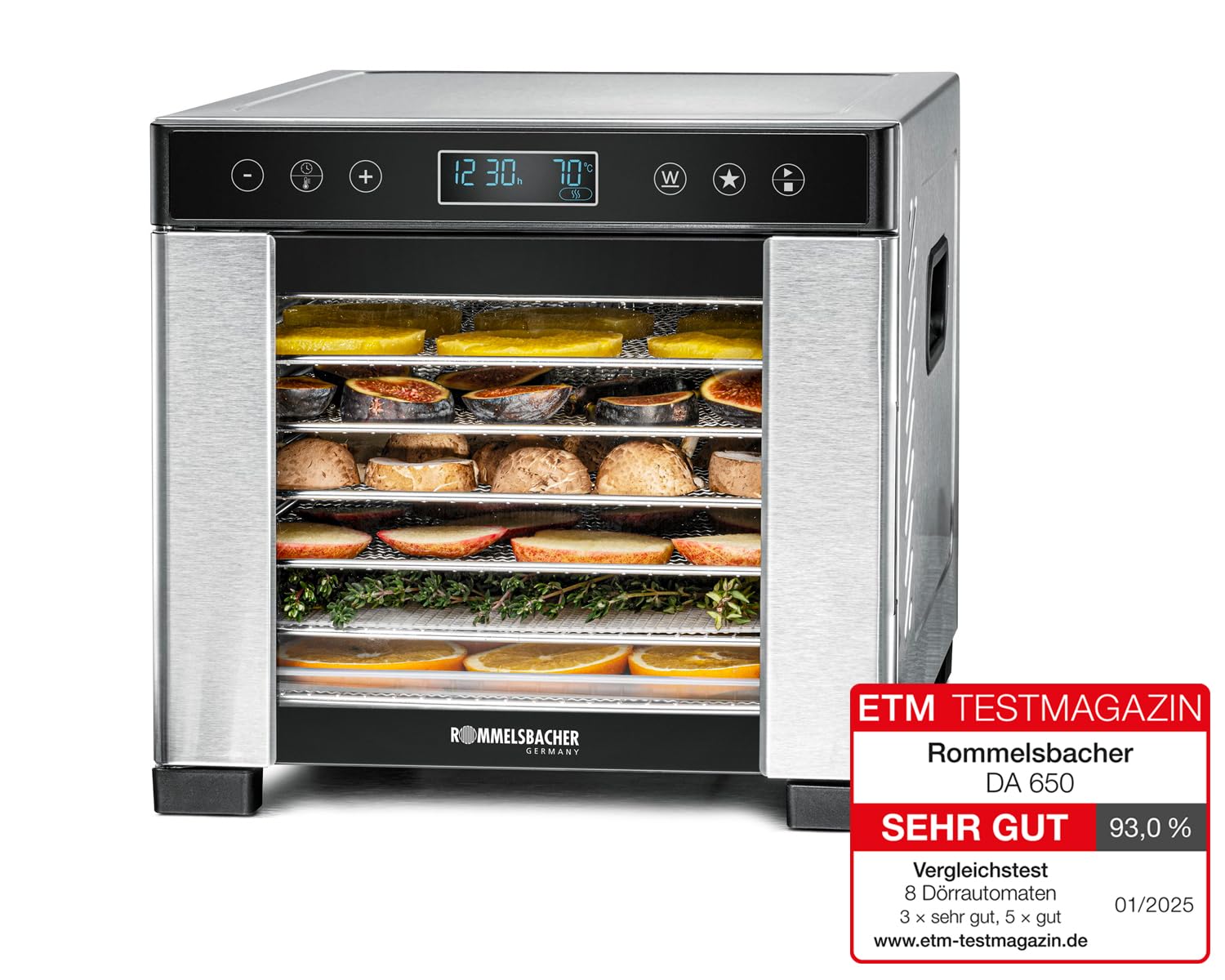 ROMMELSBACHER Essiccatore DA 650, superficie di essiccazione 0,5 m², con 7 vassoi in acciaio inox, 1 griglia di essiccazione, 1 disidratazione, display LCD, timer da 99 ore, temperatura regolabile (35