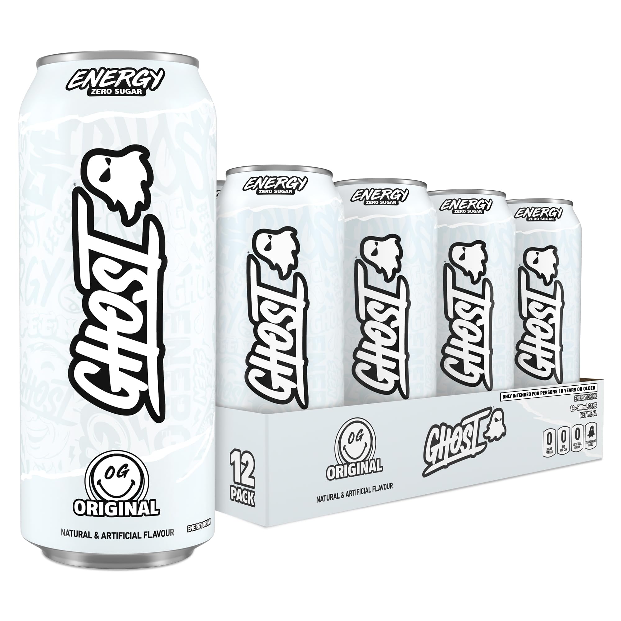 GHOST Sugar-Free Energy Drink - 12-Pack, Original Flavour, 500ml Cans - No Artificial Colours - 160mg Natural Caffeine, L-Carnitine & Taurine - Gluten-Free & Vegan Fizzy Drinks
