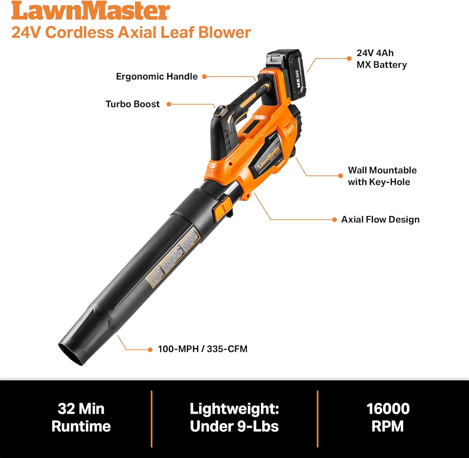 Leaf Blower Cordless, LawnMaster Leaf Blower 24V Max with 4.0Ah Battery and a Charger-CLBL2417A