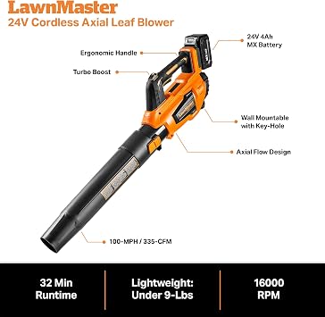 Leaf Blower Cordless, LawnMaster Leaf Blower 24V Max with 4.0Ah Battery and a Charger-CLBL2417A | 4.0Ah Battery, Charger