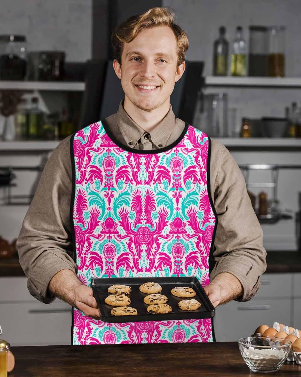 Pink Teal Abstract Cobbler Aprons with 2 Large Pockets, Ethnic Modern Geometric Aesthetics Cobbler Smock Apron
