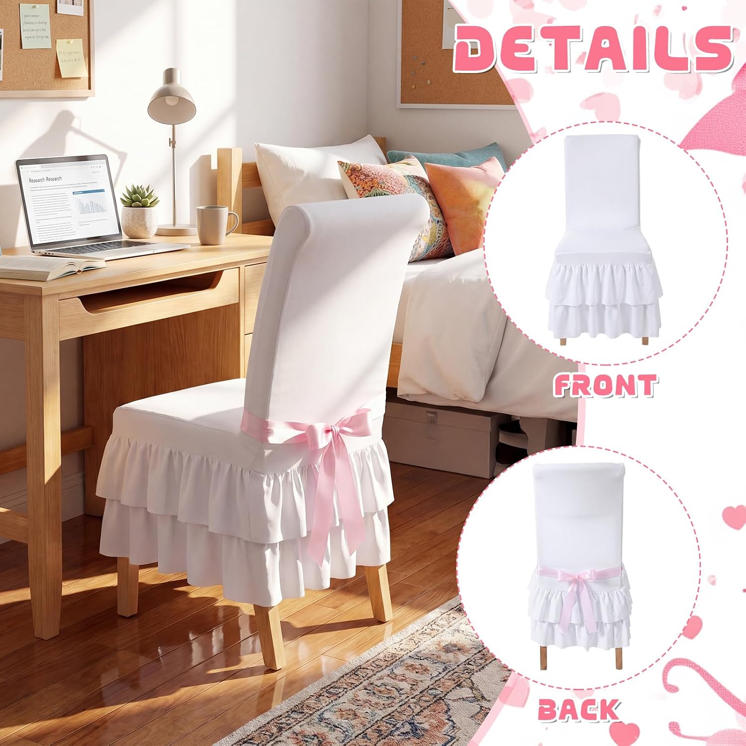 Hahafelt Dorm Chair Cover White Stretch Chair Cover with Ruffled Skirt Pink Bow Elastic Dining Chairs Slipcover for Dorm Room Wedding Baby Shower Bridal Party Decor