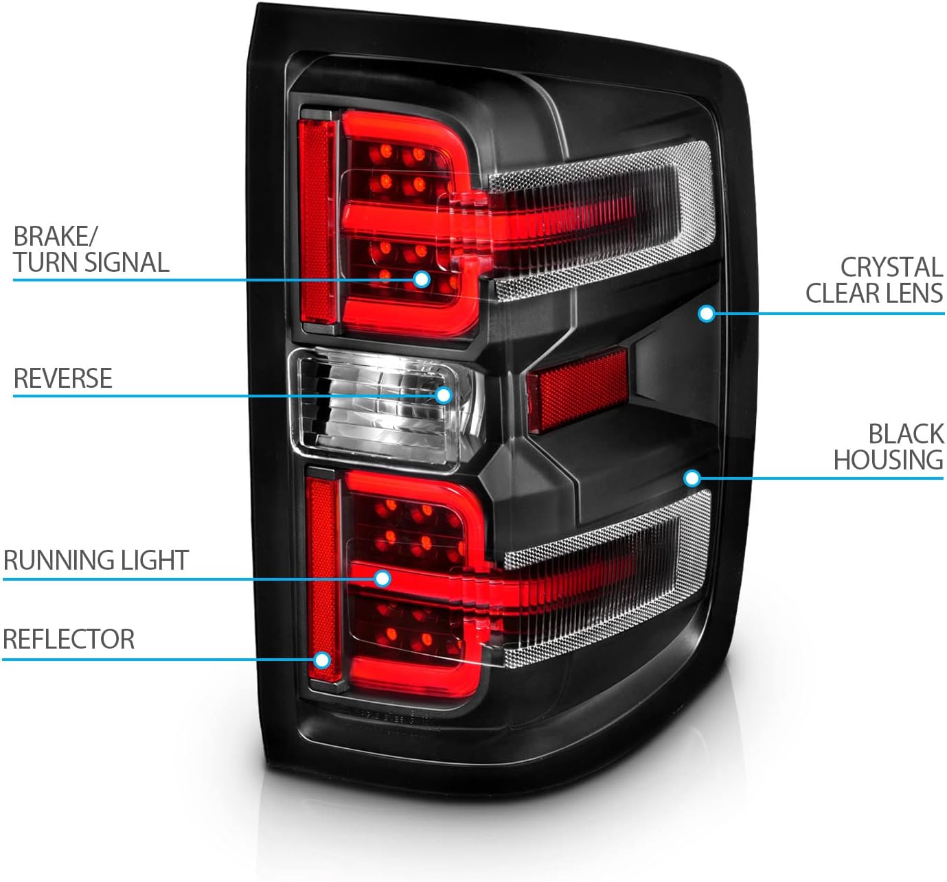 AmeriLite for Chevy Silverado 1500 2500 3500 GMC Sierra 3500HD LED Tube Black Replacement Tail Light Assembly Pair - Passenger and Driver Side