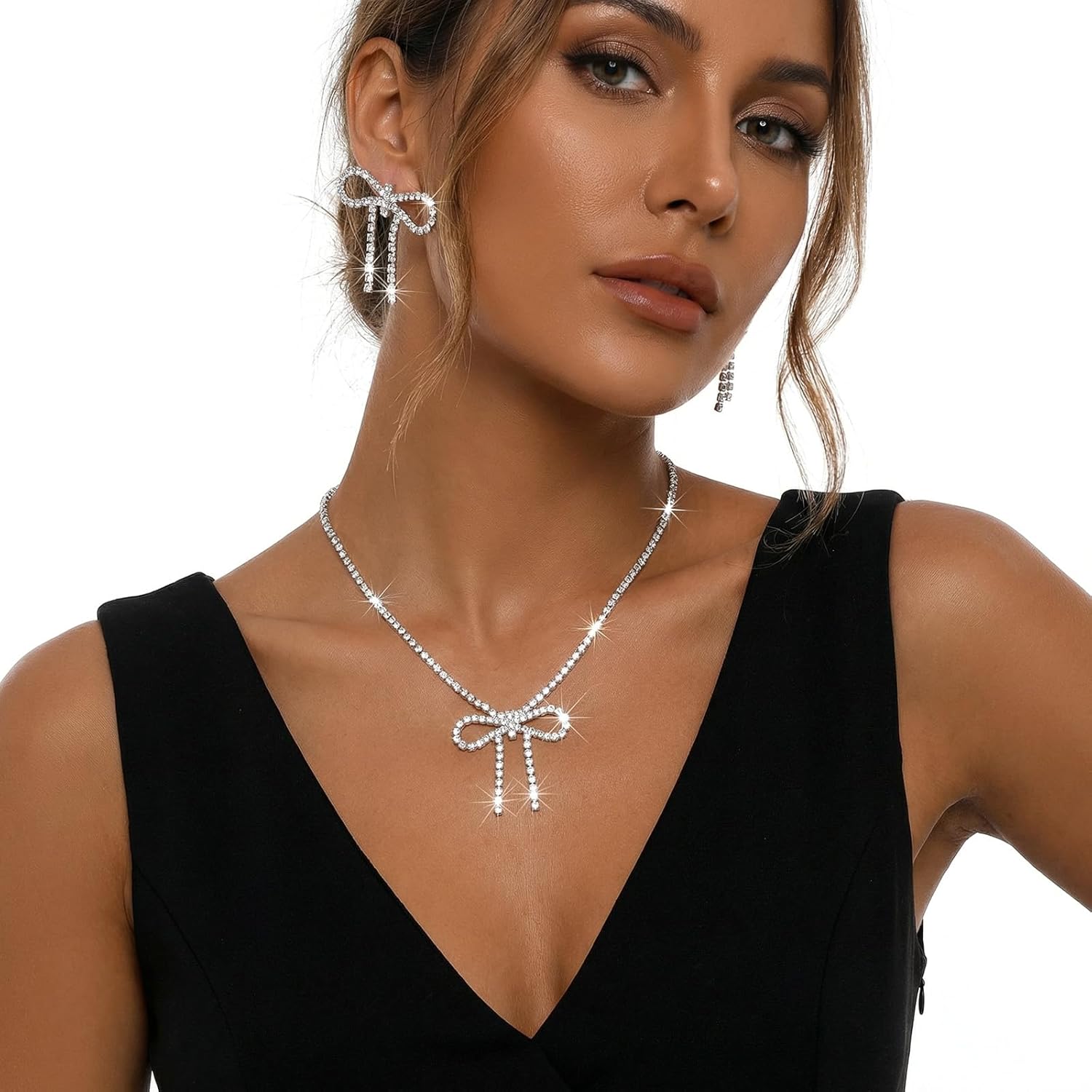 Yolev 3PCS Bow Necklace and Earring Set Sparkly Bow Jewelry Set for Women Silver Rhinestone Bowknot Jewelry Sets Statement Tassel Earrings Crystal For Bridesmaid Bride Wedding Prom - Image 5