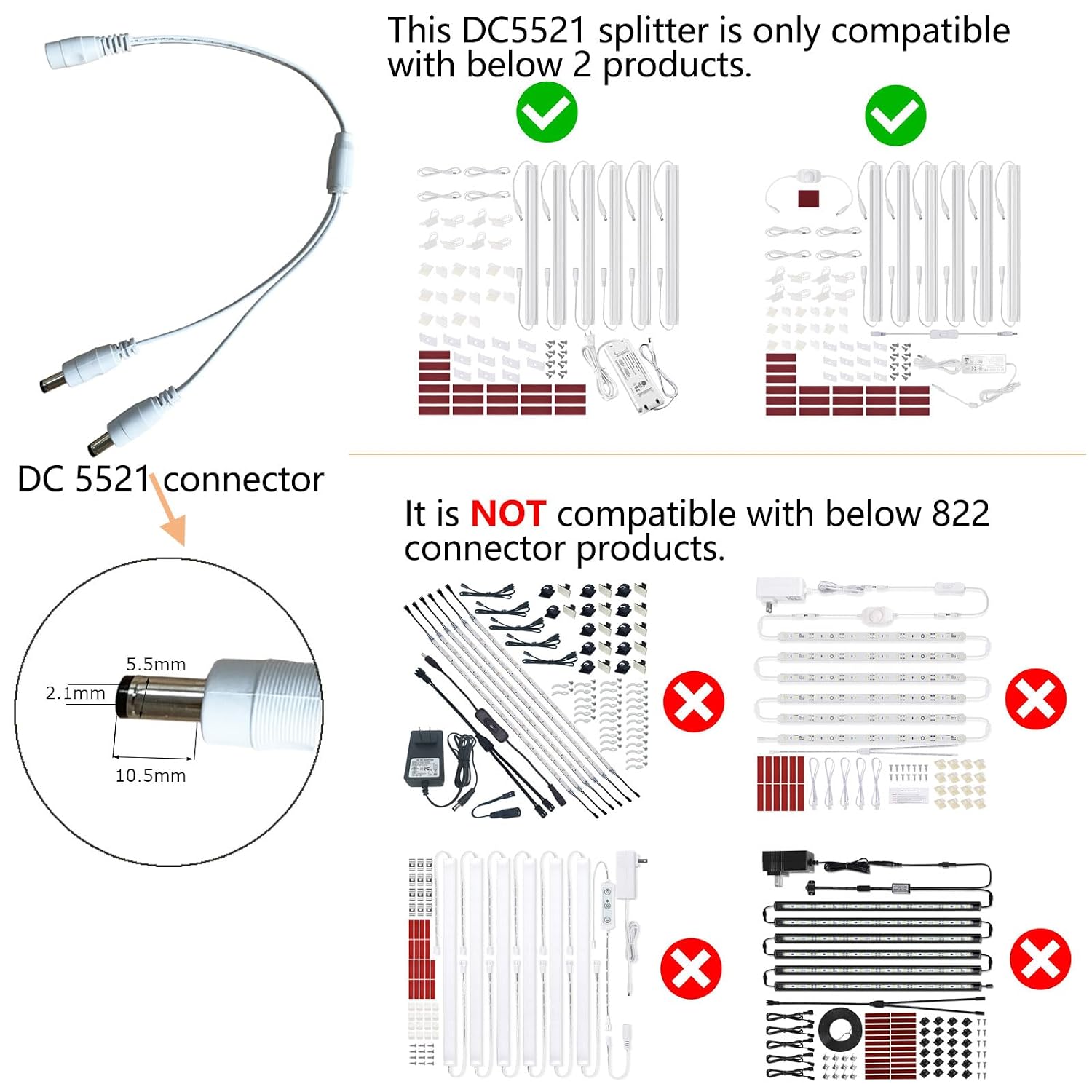 Litever Power Splitter, 2 Way, White, 1 DC5521 Female Jack to 2 DC5521 Male Plugs, 5.5mm x 2.1mm, 1:2, Y Adaptor Copper Cable Under Cabinet Lighting Kit LL-008 Series.