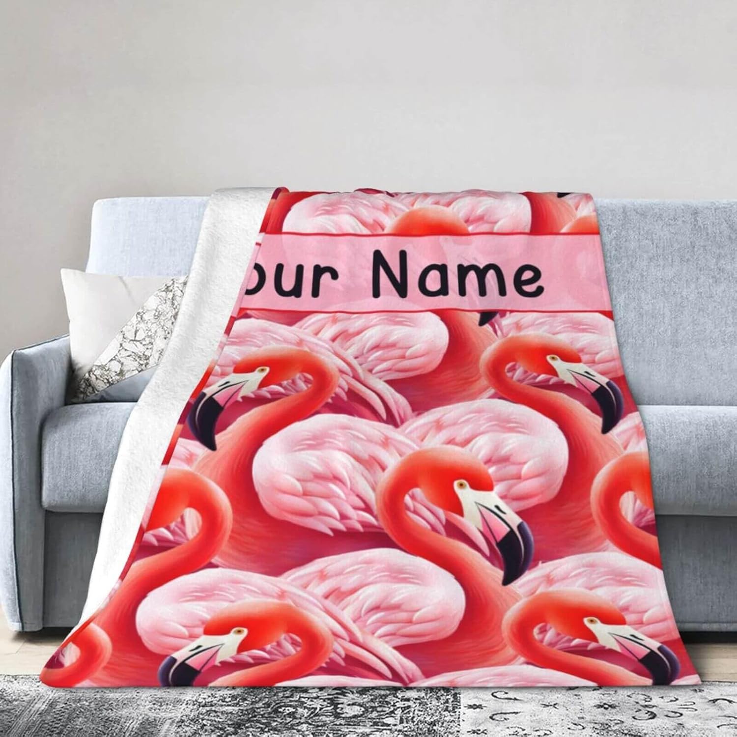 Custom Flamingo Blanket with Name for Women Men, Personalized Cute Flamingo Themed Design Printed Throw Blankets for Teens Adults Lap, Chair Sofa, Giftable Blanket, 50"x 60"