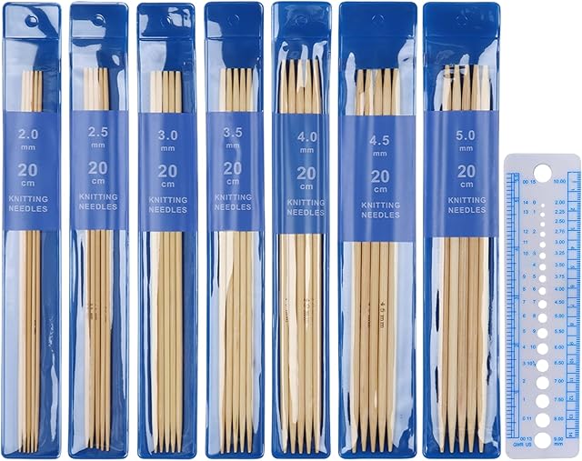 Coopay Short Double Pointed Knitting Needles Kit 20cm, Bamboo Double Ended Needles 2.0mm to 5.0mm, DPNs Knitting Pins Set for Beginner and Small Projects, Sock Needles 35 Pack and Needle Gauge