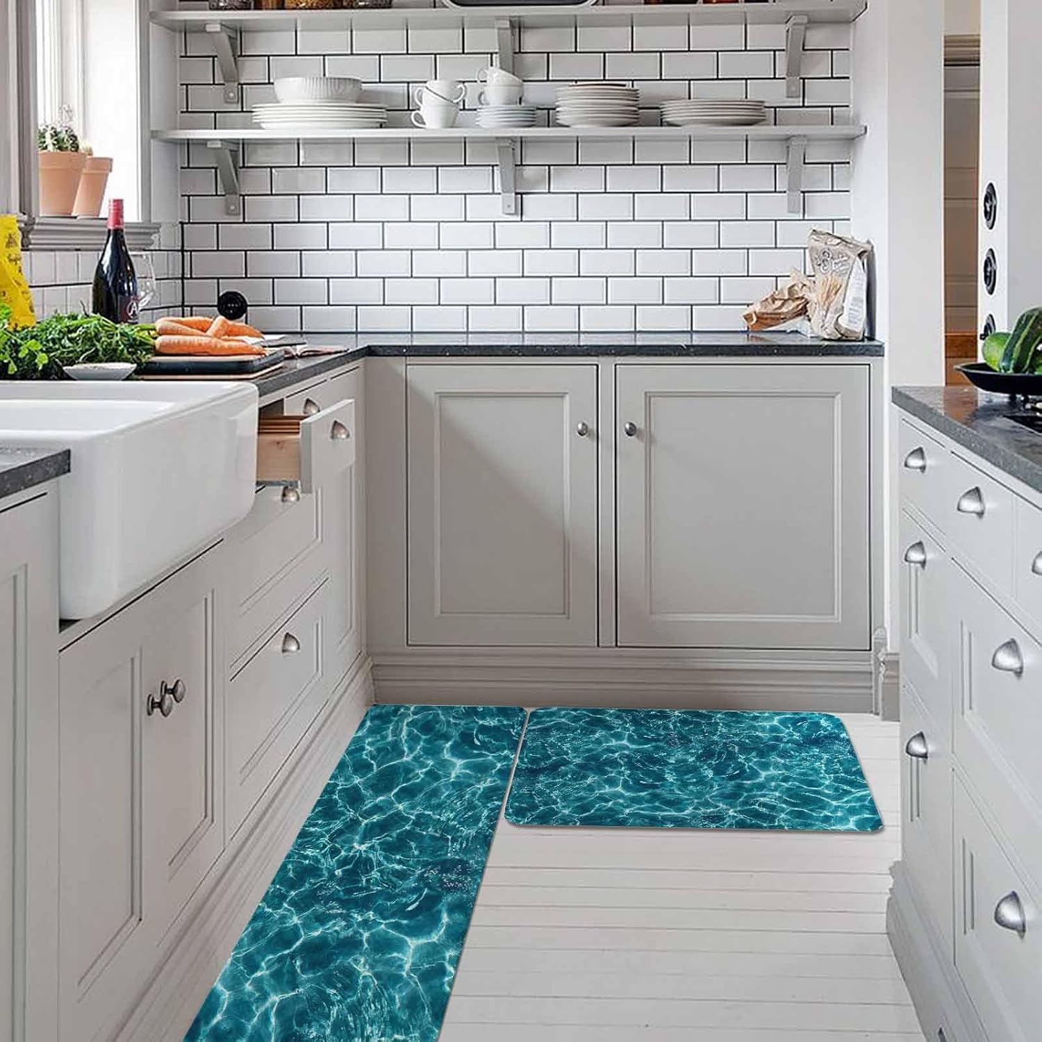 Teal Green Ocean Waves Kitchen Rugs and Mats Set of 2, Non-Slip Kitchen Sink Mat, Summer Sea Pool Washable Doormat Bathroom Rugs Runner for Bedroom/Living Room 23.6"x35.4"+23.6"x70.9"