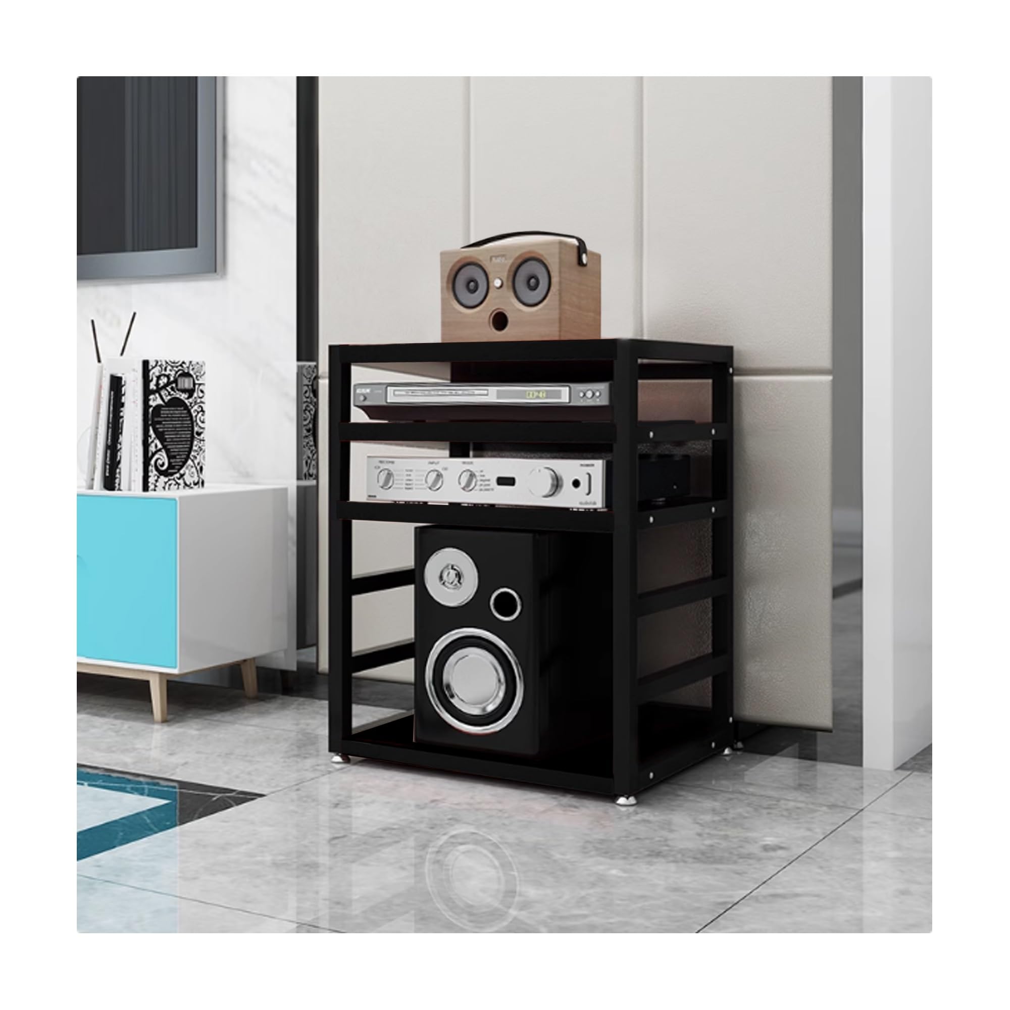 Stojak audio, 4-poziomowy stojak stereo AV, wysokość 67 cm, regał audio-wideo, szafka multimedialna, stojak na komponenty audio, otwarta konsola multimedialna, stojak na sprzęt audio, do salonu