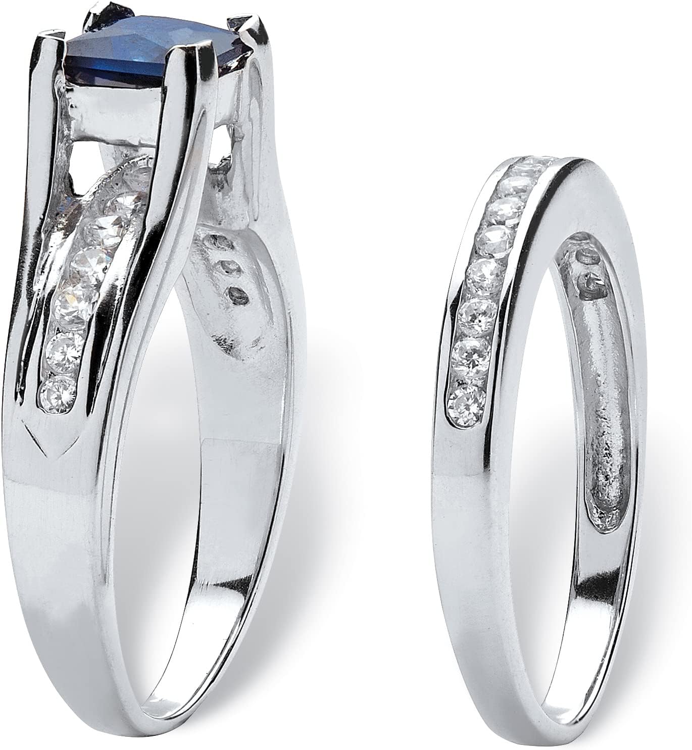 Palm Beach Jewelry Platinum over Sterling Silver Princess Cut Created Blue Sapphire and Round Cubic Zirconia Bridal Ring Set