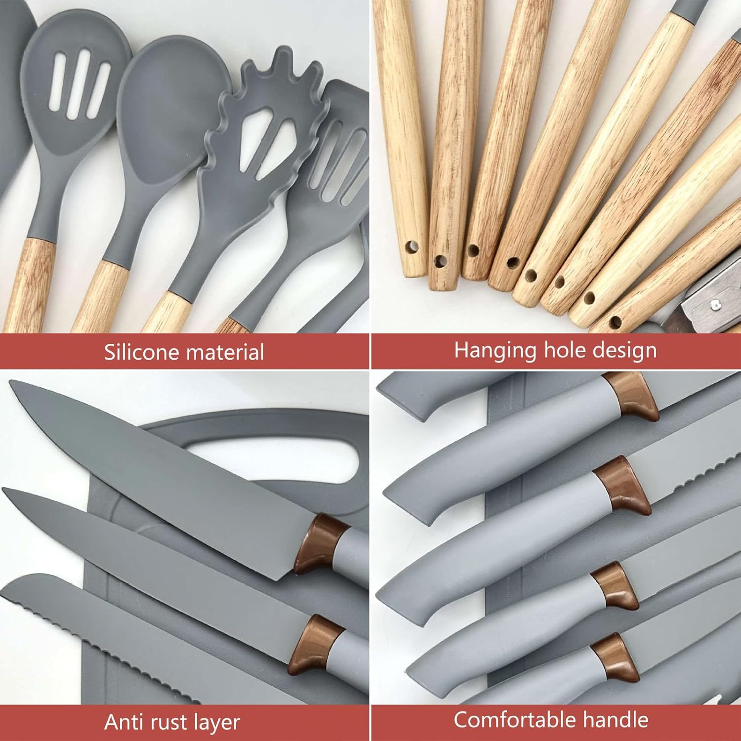 Set Coltelli da Cucina, pacchetto di utensili da Cucina da 19 pezzi, comprende 5 coltelli e 13 utensili da cucina in silicone, oltre a 1 scatola di stoccaggio (grigio)