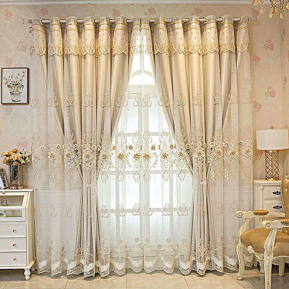 Amidoudou 1 paire de rideaux européens double couche pour salon, chambre à coucher, motif floral 3D brodé double couche avec cantonnière (kaki, 167 x 213 cm)