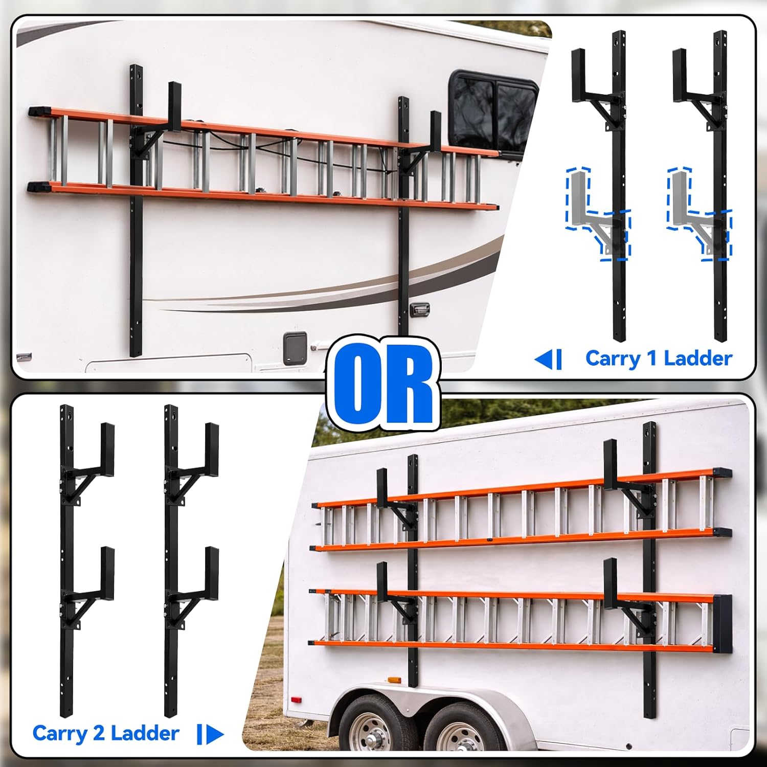 side mount trailer ladder rack, heavy duty steel adjustable ladder rack for open and enclosed trailer exterior wall, 2 ladder racks 300 lbs loading