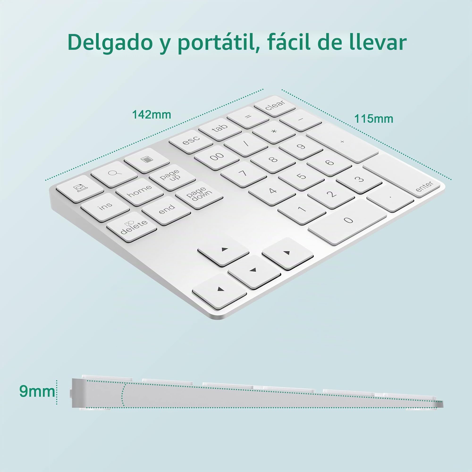 Teclado Numérico Inalámbrico, Mini Teclado Bluetooth con 34 Teclas para Apple PC soporta Sistema Windows, iOS, Android, Plata
