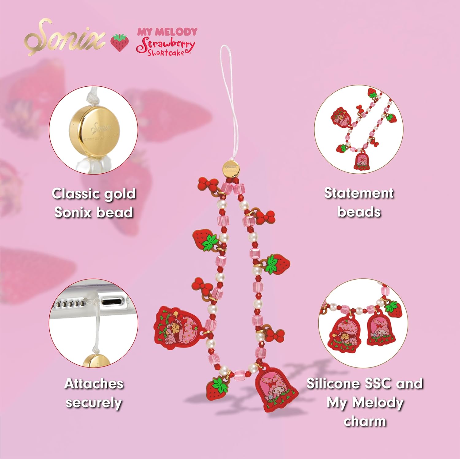 Sonix x Sanrio Beaded Phone Charm | Beaded Wristlet, Universal Phone Strap, and Detachable Cell Phone Lanyard with Silicone Charms | My Melody x Strawberry Shortcake - Image 2