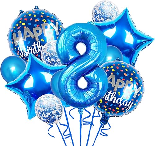 Globos, 11 globos de aluminio de 8 años para decoración de fiesta de cumpleaños de 8 años, globos de confeti para niños de 8 años (8º, azul)