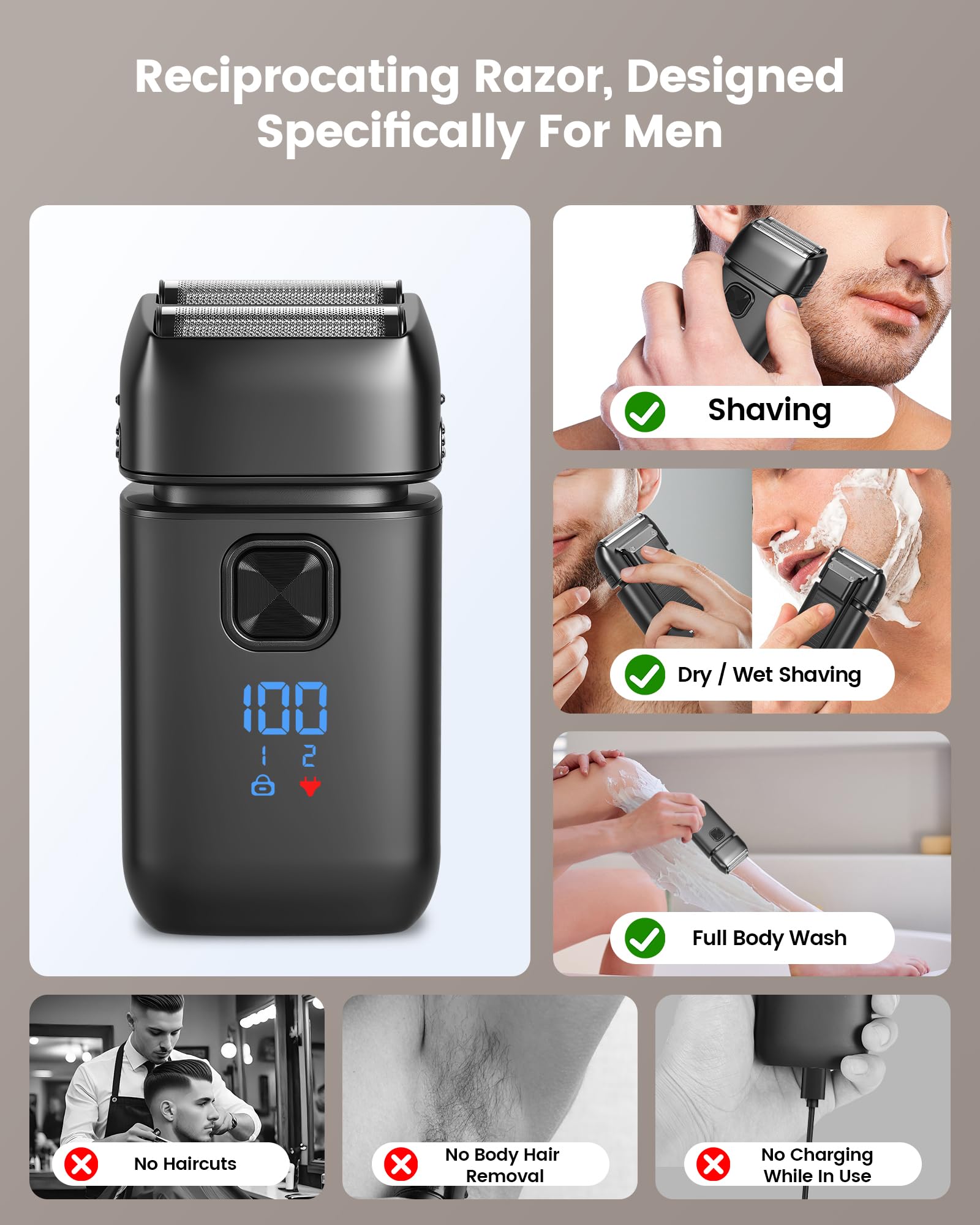 Rasoir Électrique Homme, Foil Shaver, Double Grille Flexible, IPX6 Étanche, 2 Vitesses, Écran LED, Recharge USB, Rasage Wet & Dry, Rasoir Barbe Portable avec Verrouillage Voyage