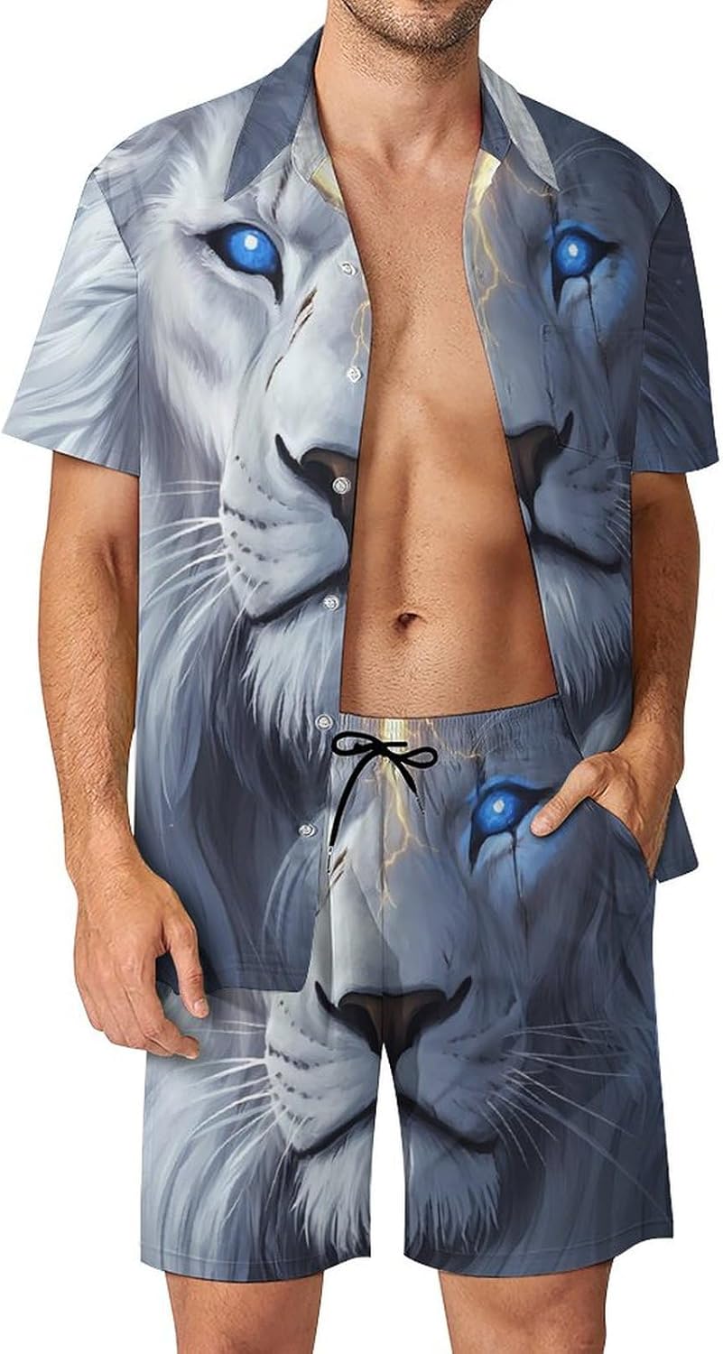 White Lion with Glowing Blue Eyes Men's Summer Beach Outfits Shirt And Shorts Set 2 Piece Vacation Swimwear