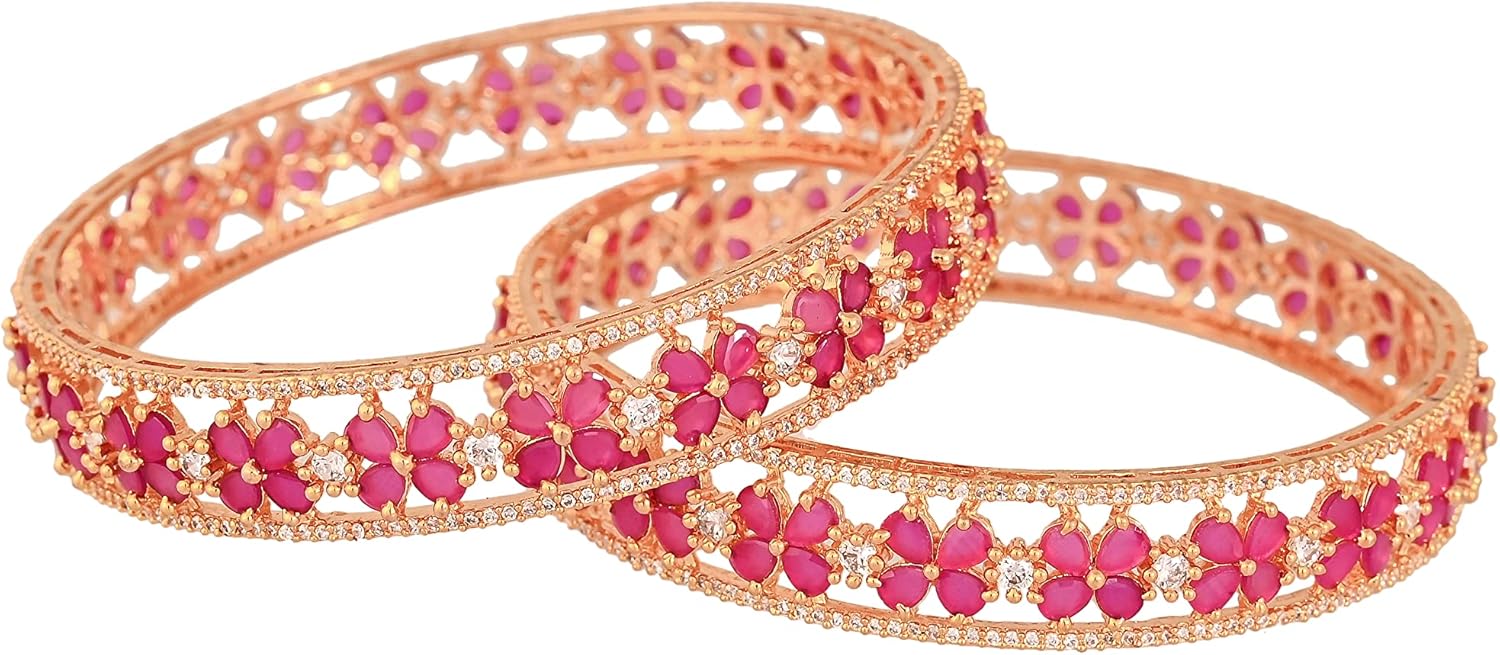 Ratnavali Jewels Gold Tone Red CZ Zirconia Diamond Floral Bollywood Indian Kada Bangles Jewelry Women
