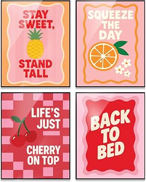 KINGDUHU Preppy Aesthetic Poster Set Trendy Wall Art Prints for Teen Girls Bedroom, Dorm, or Bathroom Pink Coquette Style Room Decor, Unframed Set Preppy Cute Posters, Christian decor Fruits
