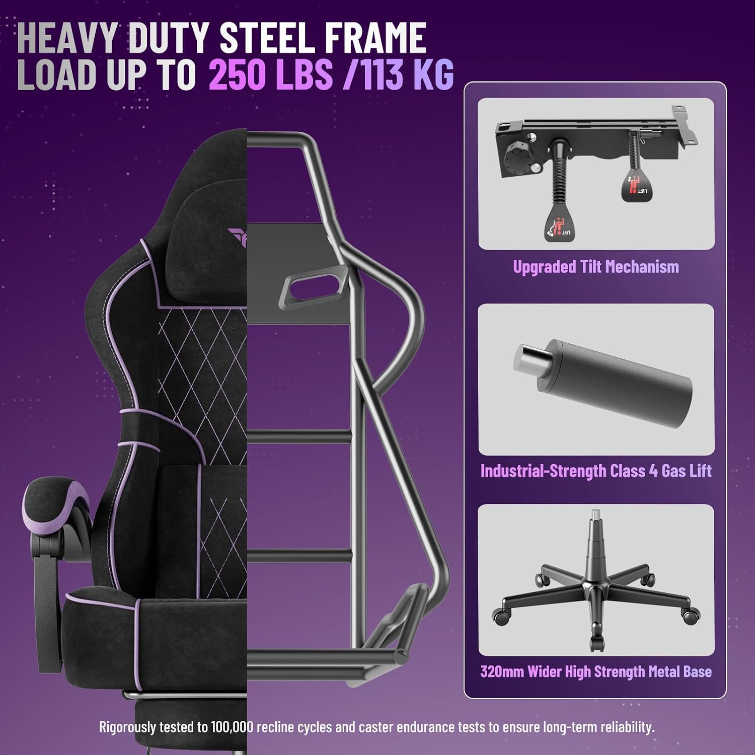 Huracan Ergonomic Gaming Chair with Footrest for Adults, Massage Game Chair High Back, Racing Computer Chair Lumbar Support Extended Seat for Video Game Home Office, Black and Purple