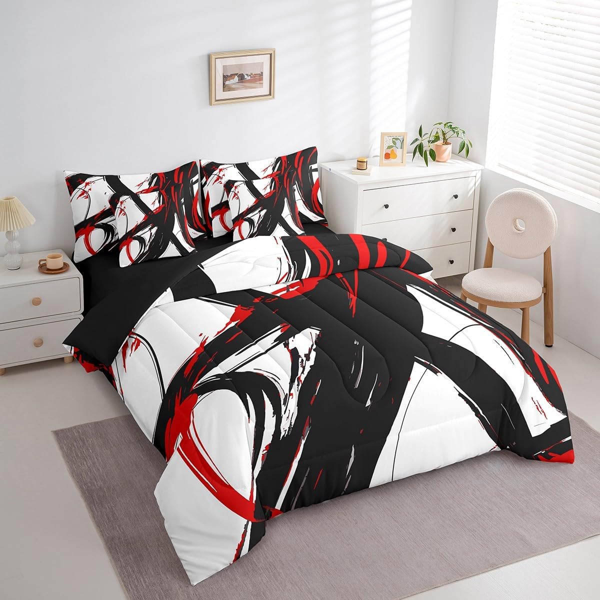 Feelyou Abstract Art 7 Piece Bedding Set Queen Size Kids Red Black Modern Geometric Print Bed in a Bag for Boys Girls Teens Minimalist Ink Line Comforter Set with Sheets Soft Microfiber