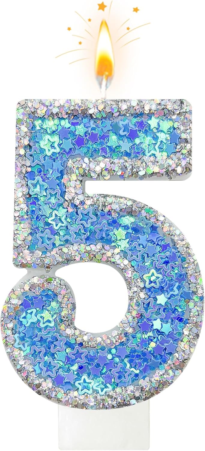 Blue Star Number 5 Candle for Cake Decoration, Glitter Star Cake Topper, Shaker Style Number Candle for Anniversary Celebration Party Supplies