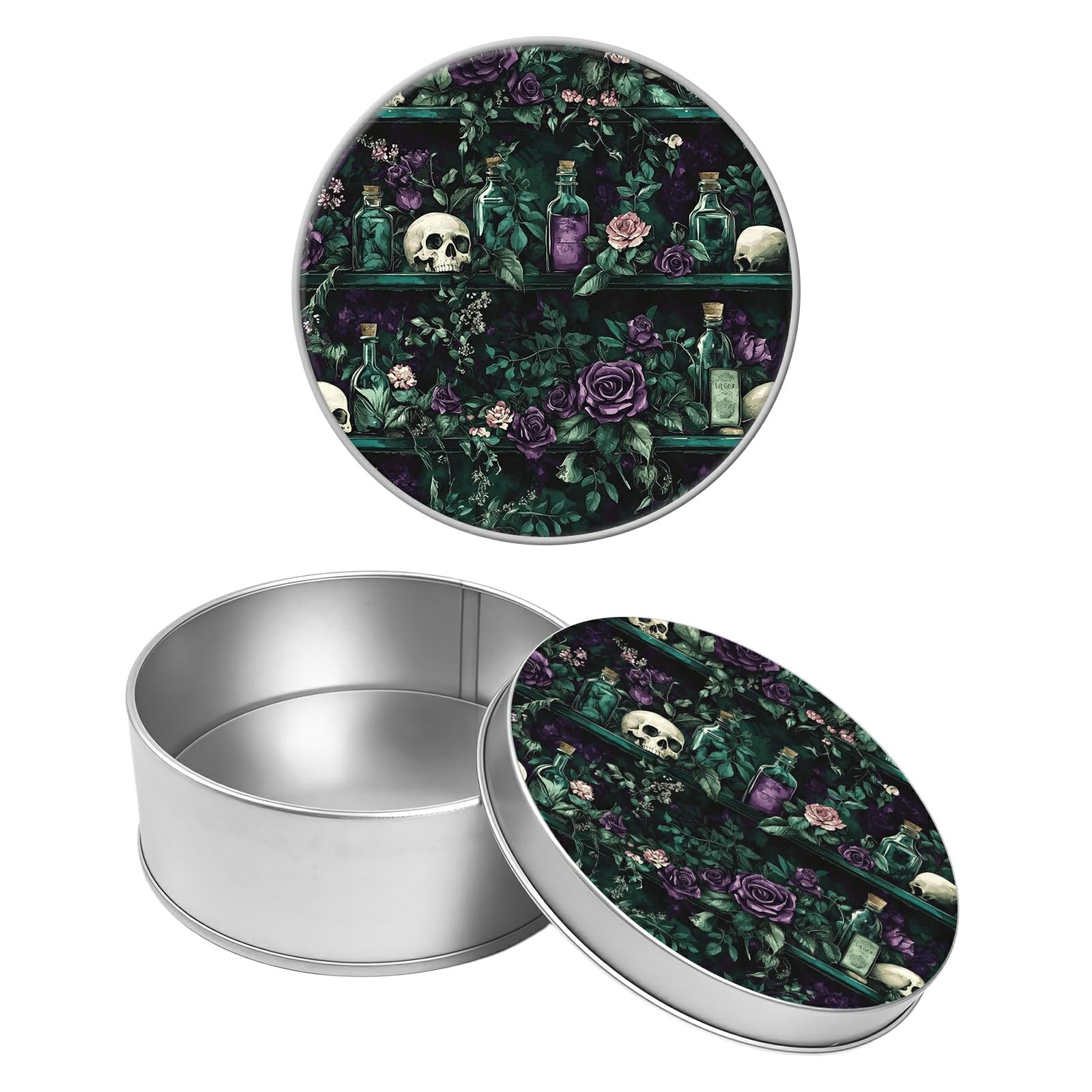 Round Metal Tin Container with Removable Lid, Gothic Magic Skull Durable Metal Storage Box for Crafts Snacks Candies Office Supplies Small Items 3.54 x 1.38 inch– Single Pack
