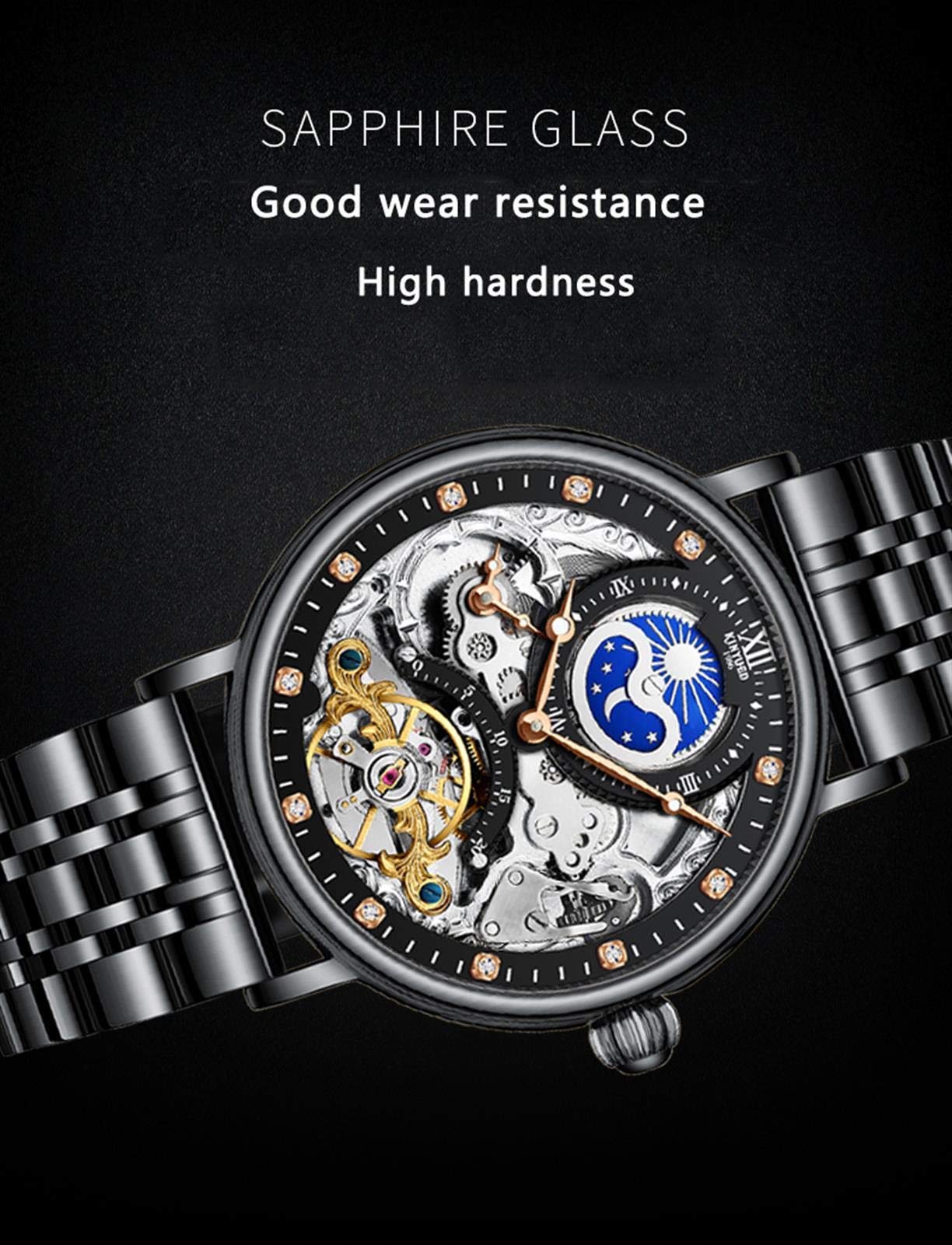 Montre Homme, Noir Mécanique Squelette Remontoir Automatique Acier Inoxydable Etanche Montres Fond en Verre Chiffres Cadran en Diamant