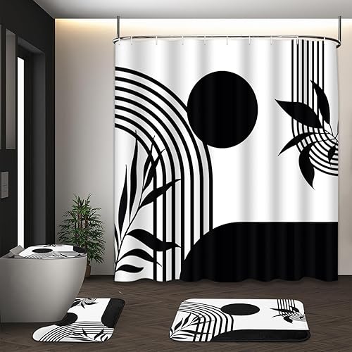 Miniatura 8 de Tayney Juego de cortina de ducha bohemia de mediados de siglo con tapa de inodoro y alfombras antideslizantes, juego de 4 cortinas de ducha botánico