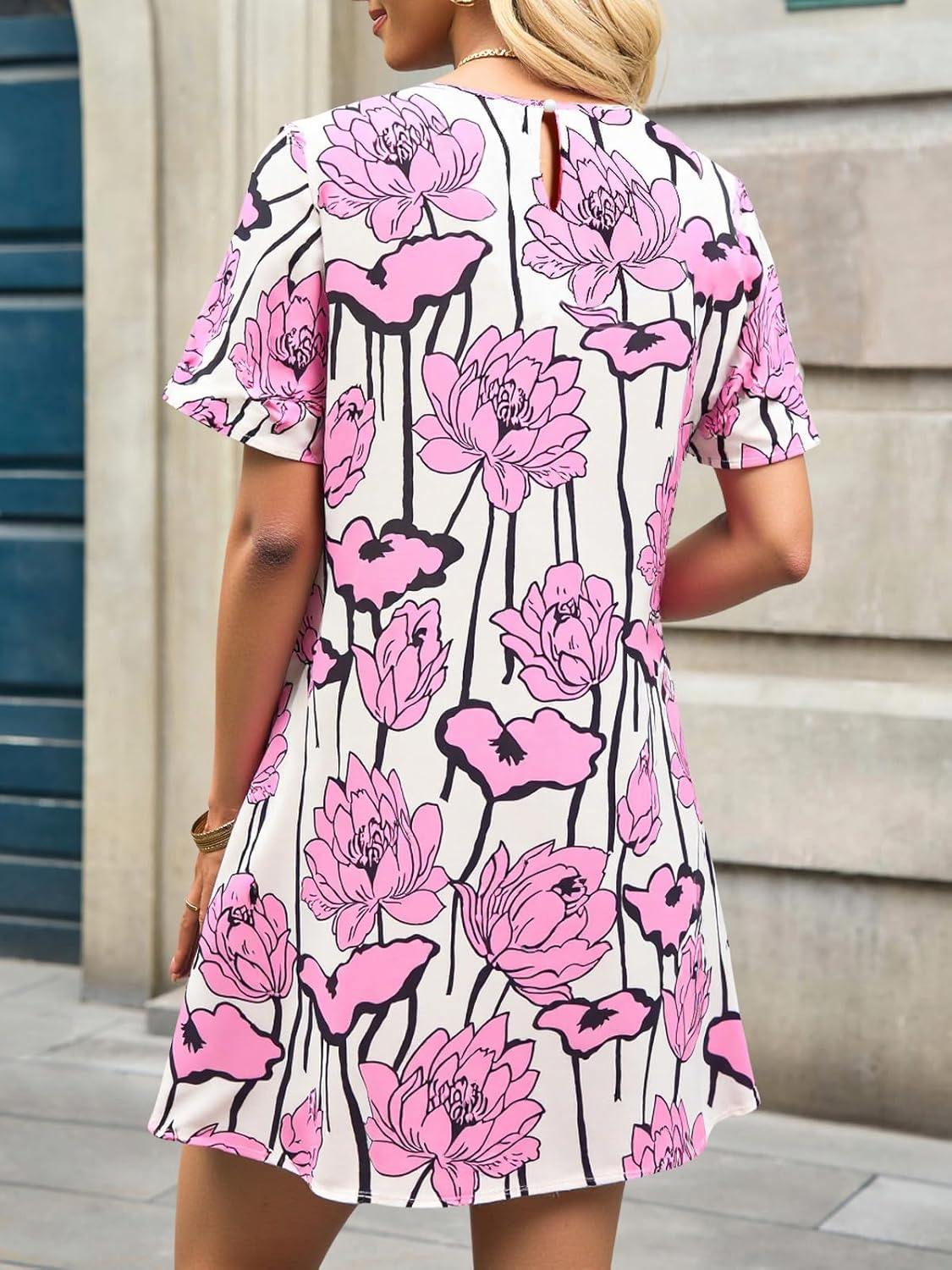 Womens Summer Casual Floral Mini Dress Short Sleeve Pleated Front Loose Beach Tunic Dresses with Pockets