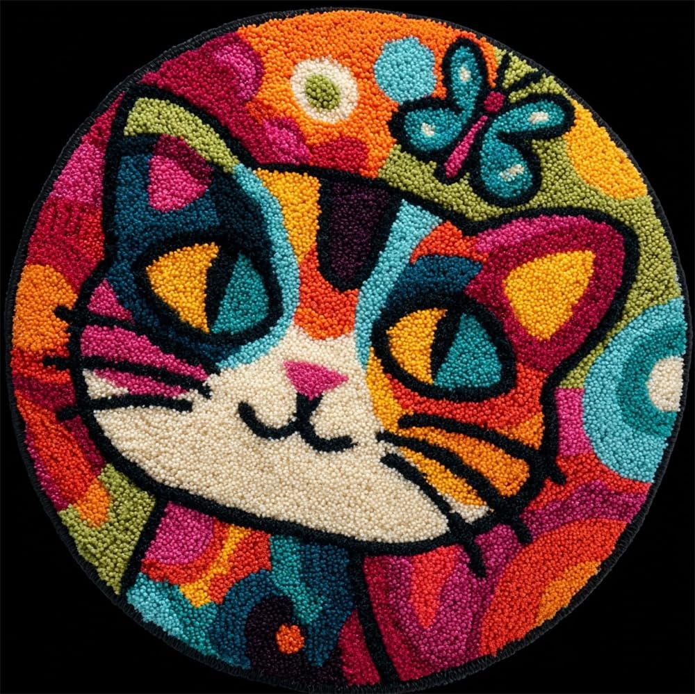 kitphoenix Circular Latch Hook Rug Kit Cat and Butterfly