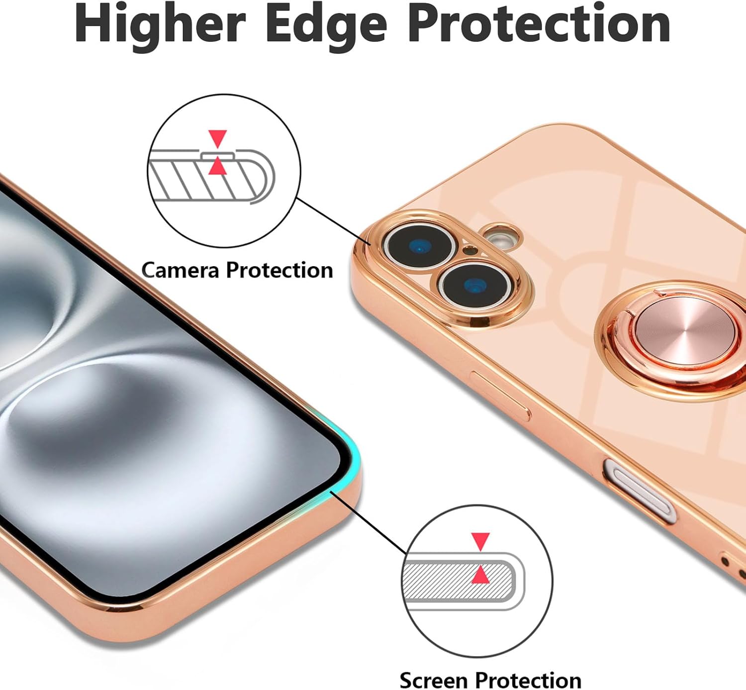 EYZUTAK Case for iPhone 17, Phone Case with 360° Rotatable Finger Ring Holder Kickstand Magnetic Car Mount Supported Shiny Plating Gold Edge Slim Soft Silicone Protective Cover - Light Pink - Image 2
