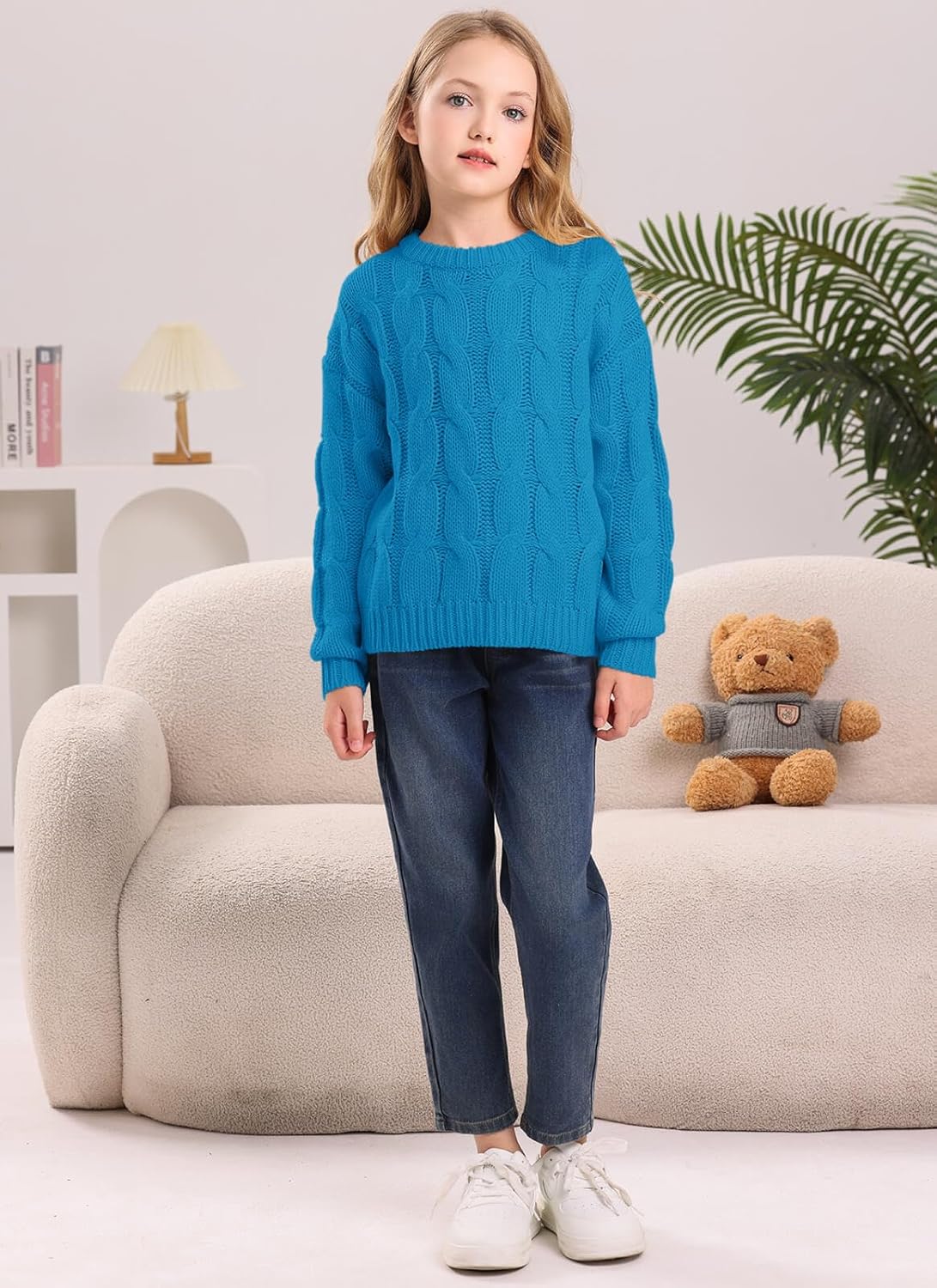 Girls Cable Knit Sweaters Chunky Long Sleeve Crewneck Drop Shoulder Warm Pullover Sweater Tops Size 5-14Y - Image 5